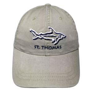 Del Sol Baseball Cap Beige Blue Shark St. Thomas Embroidered Cotton OS Beach Hat